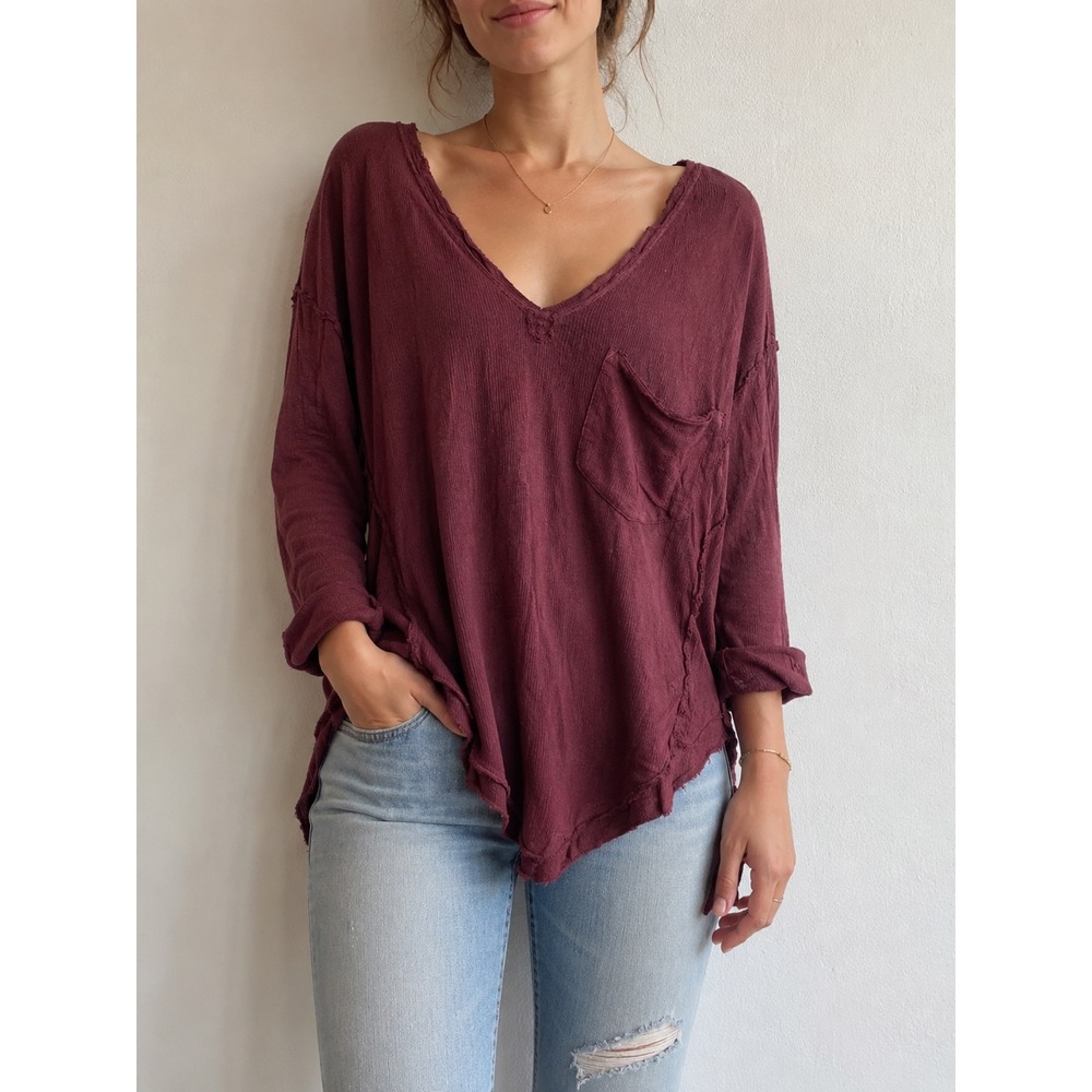 We The Free Free People Burgundy V-Neck Oversized Thermal Top XS OB403698